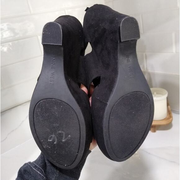 🎉[H141] Nine West Black Suede Open Toe Chinese Laundry Lace Up Wedges, Size 7 - Picture 3 of 5